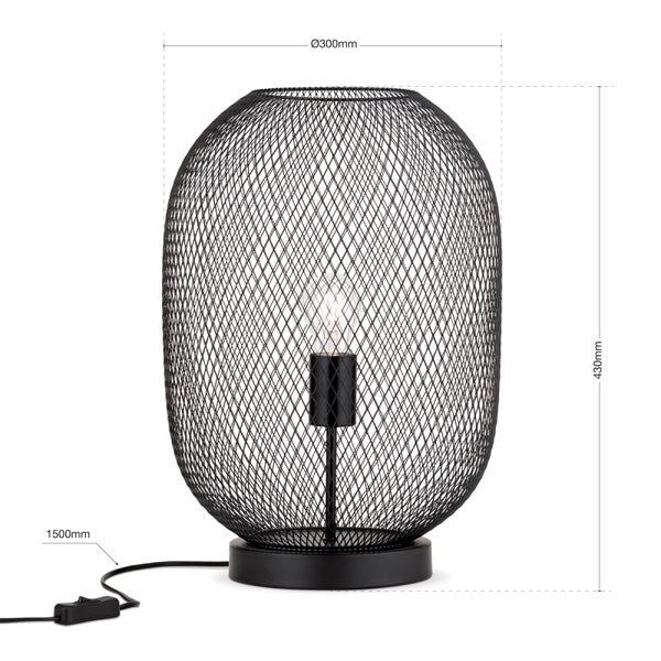 Dekorative schwarze Tischleuchte mit Drahtgeflecht und den Maßen 430 mm Höhe und 300 mm Durchmesser.