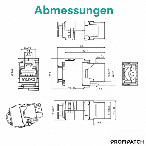 Technische Zeichnung mit Maßangaben eines Profipatch CAT6A Keystone-Moduls in verschiedenen Ansichten. Profipatch Logo.