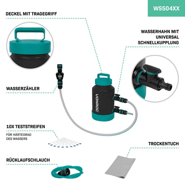 VONROC Fensterputzer mit Teleskopstange 4,6m & Wasserenthärter - Auto Waschbürste mit Stiel, Profi Fensterwischer mit Waschbürste für Fenster, Solaranlage - inkl. Bürste, Schlauch, Seifenspender