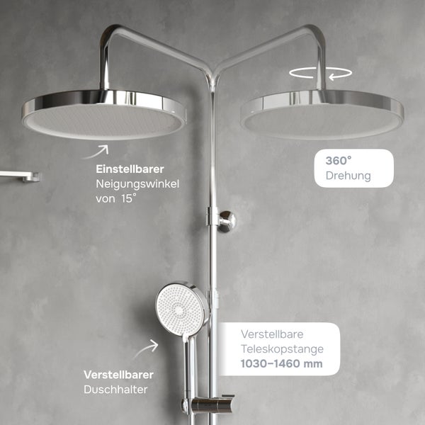 Duschsystem mit Kopfbrause und Handbrause, verstellbarer Teleskopstange von 1030 bis 1460 Millimeter, neigbarer Kopfbrause und drehbarem Brausearm.