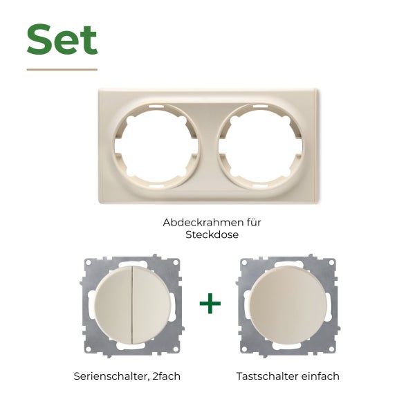 Set bestehend aus einem zweifachen Abdeckrahmen für Steckdosen sowie einem Serienschalter und einem einfachen Tastschalter zur Unterputzmontage.