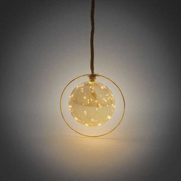 ECD Germany LED-Weihnachtskugel Ø15 cm, 30 LEDs Warmweiß, 80 cm Seil, Deko Leuchtkugel zum Hängen, Gold, Glaskugel mit Beleuchtung & Metallring, batteriebetrieb + Timer, Innen, Kugel Weihnachtsdeko