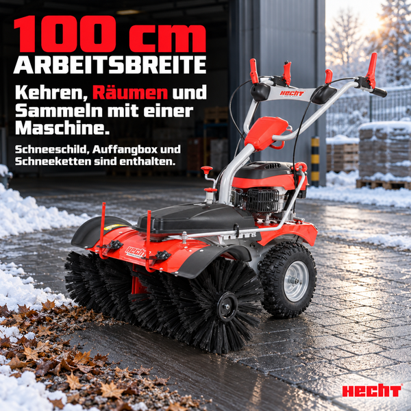 Hecht Kehrmaschine mit 100 cm Arbeitsbreite zum Kehren, Räumen und Sammeln, inklusive Schneeschild, Auffangbox und Schneeketten.