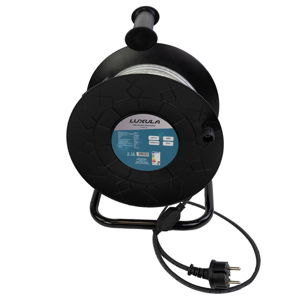 Luxula LED-Streifen auf Kabeltrommel, Baustrahler mit Tragegriff und Netzstecker.