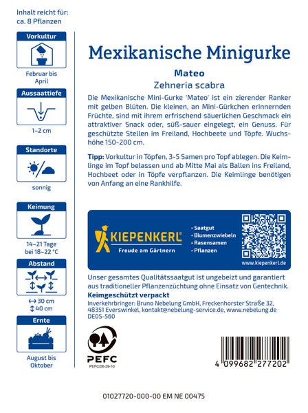Saatgut für Mexikanische Minigurke Mateo von Kiepenkerl mit Anbauanleitung und Informationen zu Aussaat, Keimung, Standort und Erntezeit.