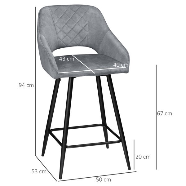 HOMCOM 2er-Set Barhocker Barstühle Bistrohocker mit Fußstütze Samtoptik Küchenstuhl Thekenhocker Sitzbezug für Küche Wohnzimmer Esszimmer Stahl Grau 50 x 53 x 94 cm