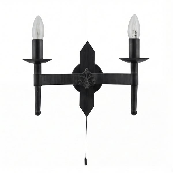 Schwarze Wandleuchte mit zwei Lampen und Zugschalter
