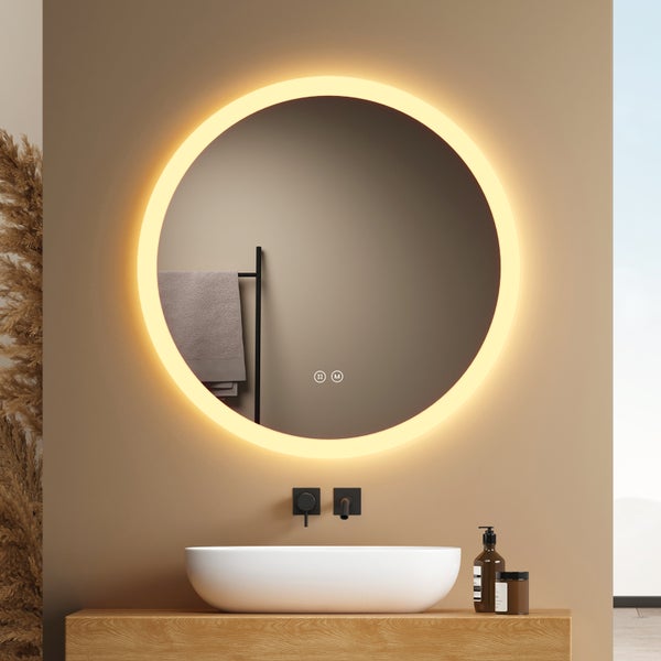 EMKE Badspiegel mit Beleuchtung LED-Spiegel mit Touchschalter ф60cm,  rund, Anti-Beschlag, 3 dimmbare Lichtfarben