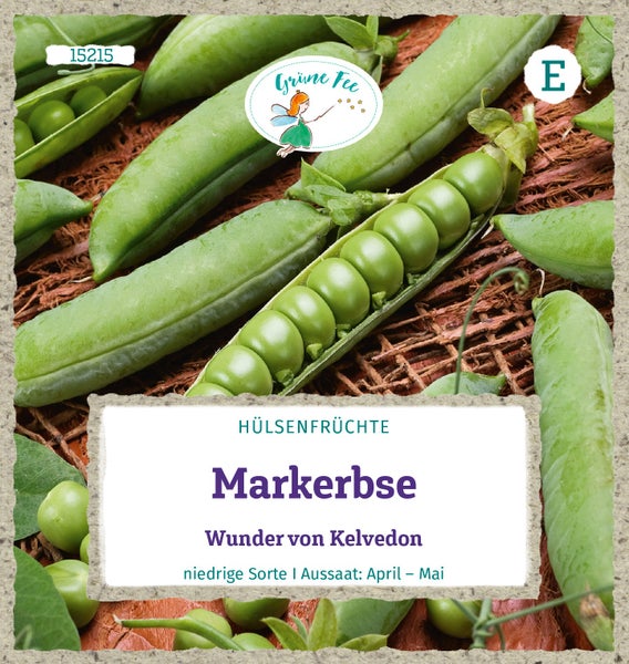 Samenpackung für Markerbse Wunder von Kelvedon von Grüne Fee, niedrige Sorte zur Aussaat von April bis Mai, mit Abbildung von Erbsenschoten.