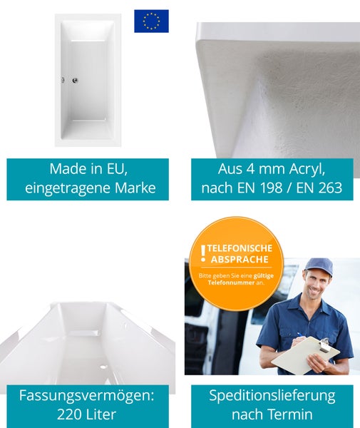 Rechteckige Badewanne aus 4 Millimeter Acryl, 220 Liter Fassungsvermögen, Marke aus der Europäischen Union, Speditionslieferung nach Termin.