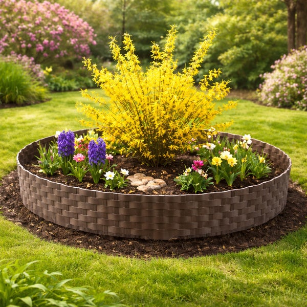 Dekoratives Blumenbeet mit braunem Beetzaun, blühenden Pflanzen und Steinen in einem Garten.