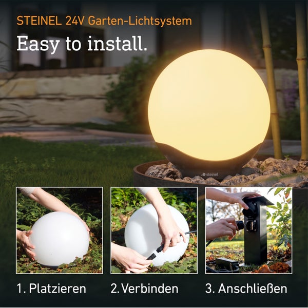 Steinel 24 Volt Garten-Lichtsystem mit Kugelleuchte, einfache Montage in drei Schritten: Platzieren, Verbinden und Anschließen im Außenbereich.