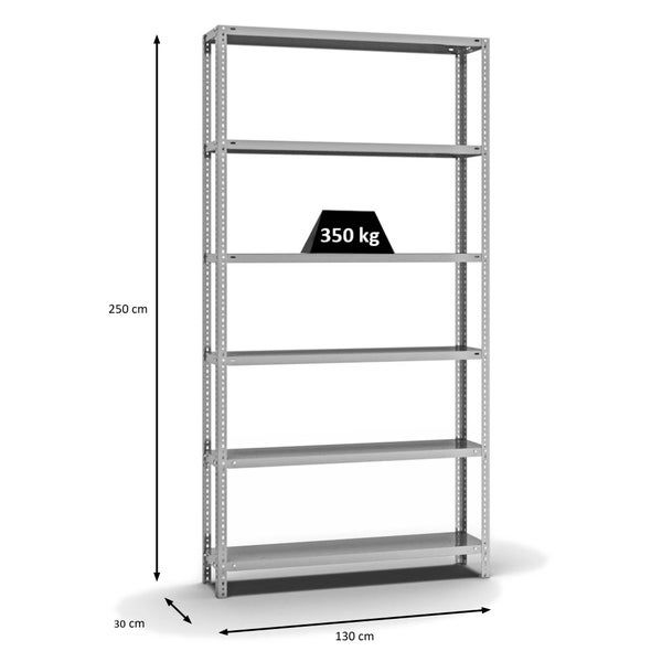 PROREGAL Fachbodenregal Schraubsystem Heavy-Duty Grundregal HxBxT 250 x 130 x 30 cm 6 Ebenen Fachlast 350 kg Beidseitig Nutzbar Verzinkt
