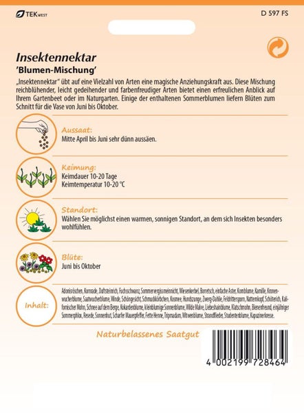 Samenpackung Insektennektar Blumenmischung mit Informationen zu Aussaat, Keimung, Standort und Blütezeit