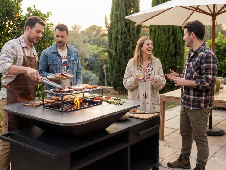 Eine Gruppe grillt Fleisch und Gemüse auf einem großen schwarzen Außengrill mit offenem Feuer auf einer hellen Terrasse im Garten.