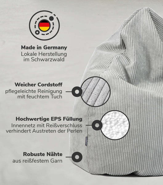 mokebo Sitzsack Cord XXL in Grau 'Der Tagträumer', Bean Bag mit EPS-Perlen Füllung