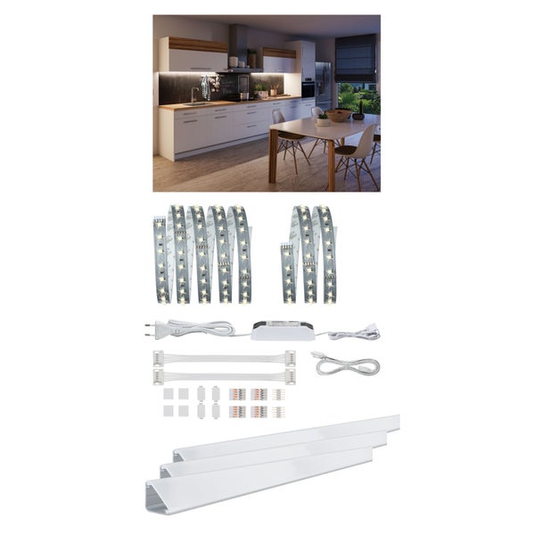 MaxLED 500 Basis-Set mit 1,5 Meter LED-Streifen zur indirekten Beleuchtung in einer modernen Küche für Arbeitslicht und Akzente