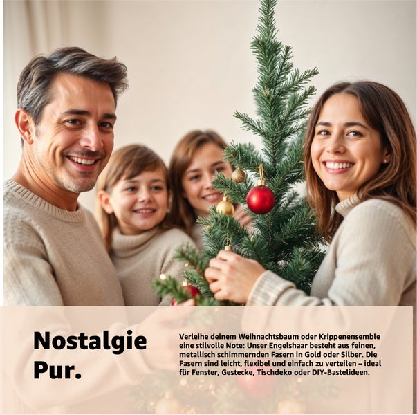 Familie schmückt einen kleinen Weihnachtsbaum mit Kugeln
