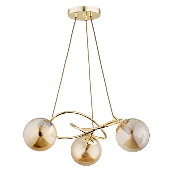 Moderne Pendelleuchte mit drei Glaskugeln in Metallgestell fuer ein helles und elegantes Ambiente.