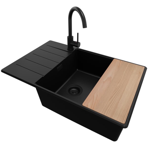 PRIMAGRAN Granitspüle Alles Schwarz 78x50cm, Spülbecken 1 Becken + Küchenarmatur 32x20cm + Ablauf-Set + Schneidebrett, Küchenspüle ab 60er Unterschrank - Kopenhagen