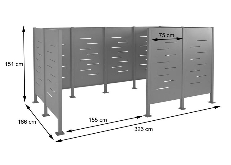 Metall-Sichtschutz mit Schlitzen, Maße: Höhe 151 Zentimeter, Breite 326 Zentimeter, Tiefe 166 Zentimeter.