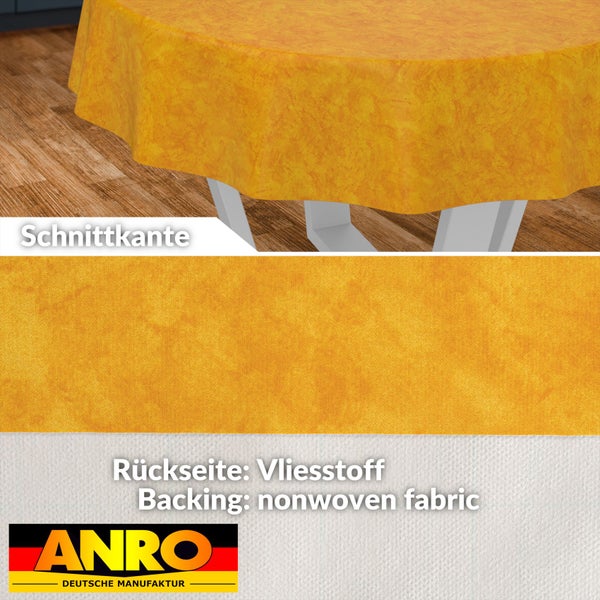 Abwaschbare Tischdecke mit meliertem Muster, Schnittkante und Rückseite aus Vliesstoff, ANRO Logo.