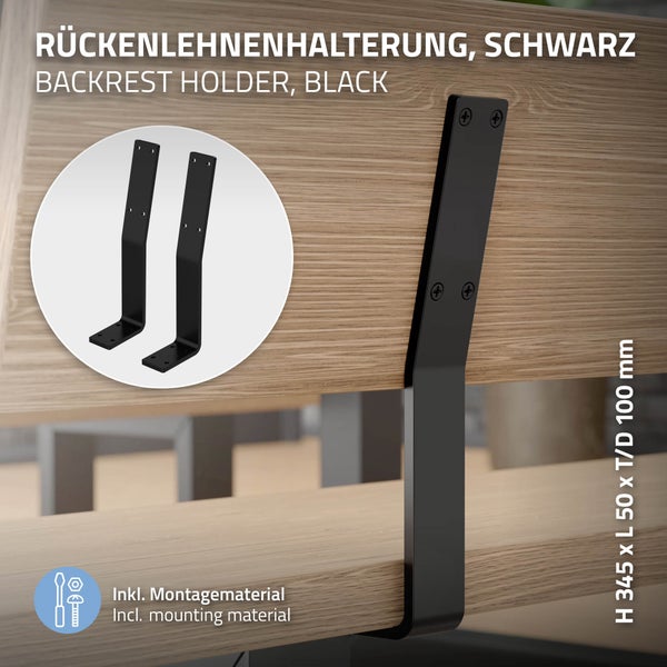 ML-Design 2 Stück Rückenlehnenhalterung, Schwarz, aus Stahl, 345x90x50 mm, Bankrückenlehne, Banklehne, Rückenlehne zum Anschrauben, Metall Rücklehne Halterung Profil für Sitz-Bänke, Betten & Stühlen