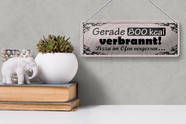 Blechschild Spruch 27x10cm gerade 800 kcal verbrannt Pizza Dekoration