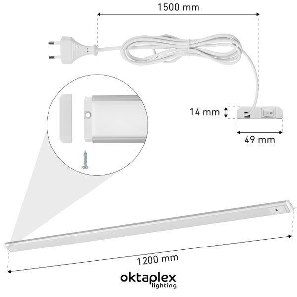 Oktaplex Lighting Unterbauleuchte mit Maßangaben