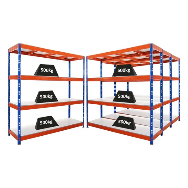 Zwei blaue und orangefarbene Schwerlastregale mit weißer Ablage und einer Traglast von 500 kg.