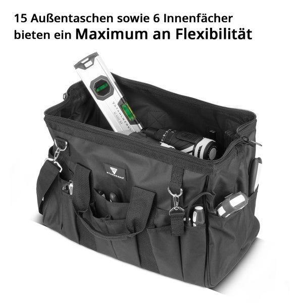 Schwarze Werkzeugtasche mit verschiedenen Werkzeugen und Fächern für flexible Aufbewahrung