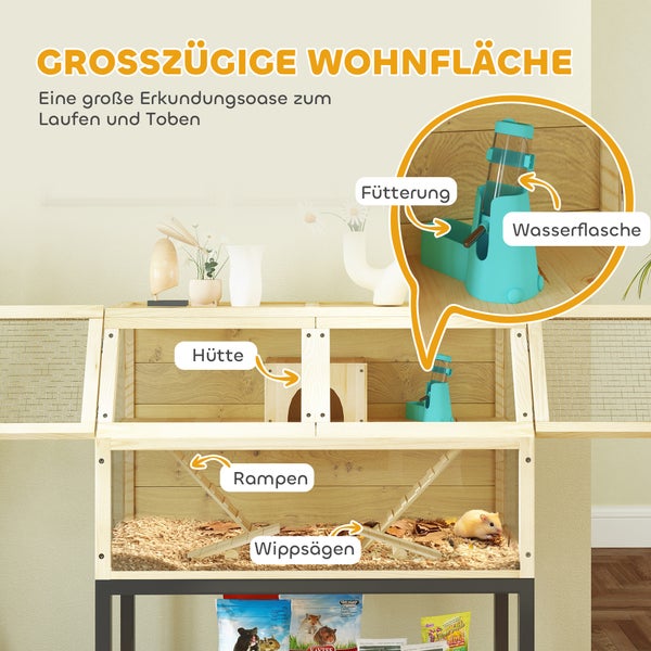 PawHut Zwerghamsterkäfig aus Holz, 87 x 43 x 101 cm Nagerkäfig mit Ablagefläche, Wasserflasche, Hütte, Wippen, Kleintierkäfig mit Rädern, Rampen, Naturholz