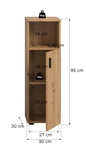 Schmaler Badezimmerschrank in Eicheoptik mit Maßangaben: Höhe 95 Zentimeter, Breite 30 Zentimeter, Tiefe 30 Zentimeter. Belastung bis 8 Kilogramm.