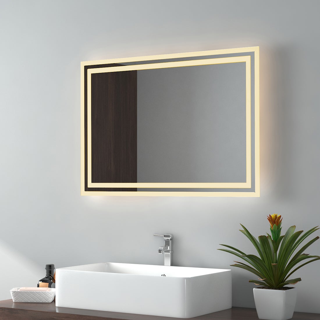 EMKE Badspiegel LED IP44 Wasserdicht Wandspiegel, 70x50cm, Warmweißes Licht
