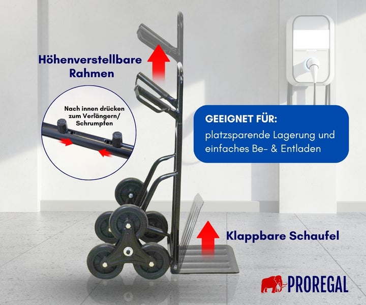 ProRegal Treppensteiger-Sackkarre mit höhenverstellbarem Rahmen, klappbarer Schaufel und Sternrädern für Treppen. PROREGAL Logo.
