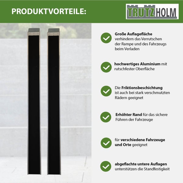 Produktvorteile der Trutzholm Verladerampe aus Aluminium mit rutschfester Beschichtung und erhoehtem Rand fuer sicheres Beladen.