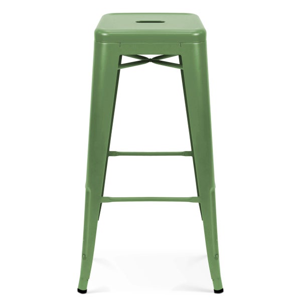 Grüner Barhocker aus Metall mit quadratischer Sitzfläche und Fußstütze.
