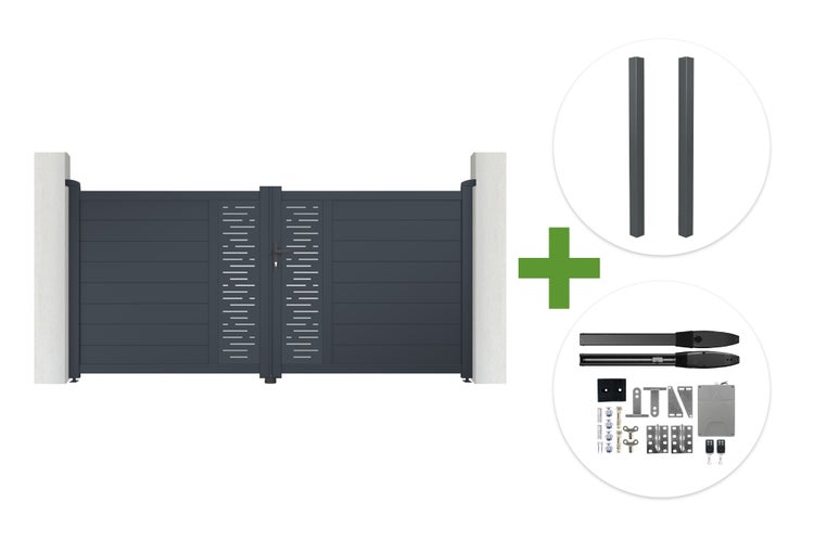 Anthrazitfarbenes Doppelflügeltor im Set mit zwei Pfosten und elektrischem Torantrieb inklusive Zubehör.