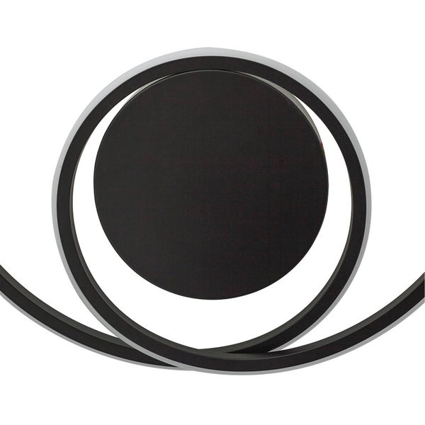 Moderne LED-Deckenleuchte in Schwarz mit runden, ineinander verschlungenen Leuchtringen und runder Halterung.