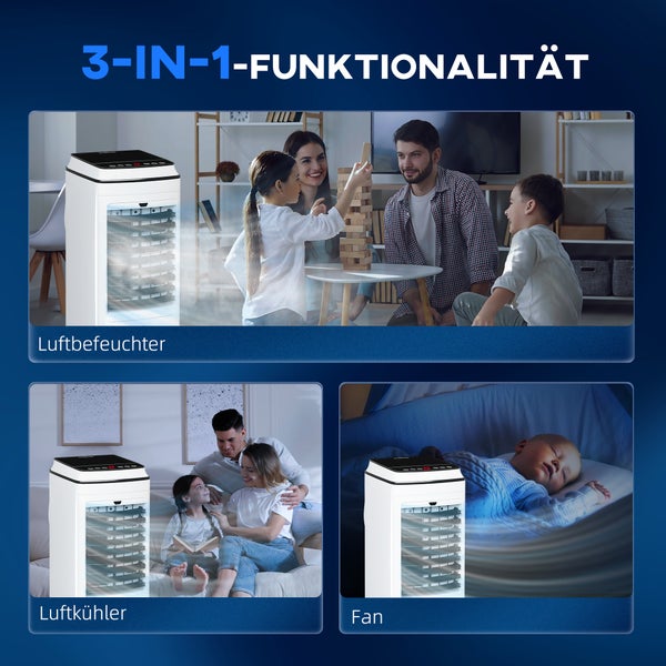 HOMCOM 3 in 1 Mobile Klimaanlage mit Luftbefeuchtung Wasserkühlung 60° oszillierendes 4L Klimagerät mit 8h Timer, Schlafmodi, 75W Luftkühler mit Fernbedienung, für 20 ㎡ Weiß