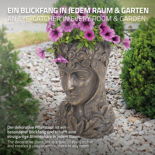 ML-Design Pflanztopf Frauenkopf Figur 21x16x32 cm Bronze Kunstharz, Innen/Außen, Groß Büste Skulptur, Weiblich Mädchen Statue Dame Gesicht Pflanzgefäß Blumentopf Übertopf Pflanzer Gartendeko Vase Urne
