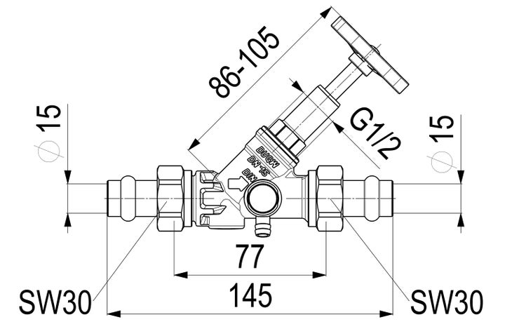 Technische Zeichnung eines Schrägsitzventils Nennweite 15. Maße: Gesamtlänge 145 Millimeter, Einbaulänge 77 Millimeter, Anschluss 15 Millimeter.