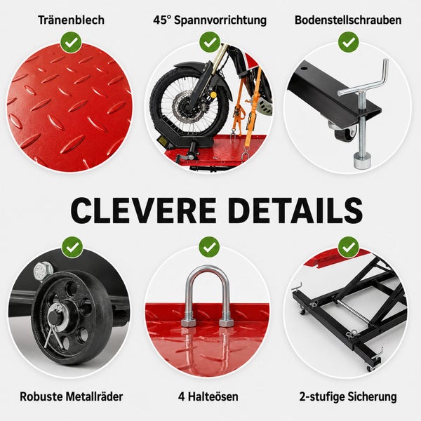 Details einer Motorradhebebühne: Tränenblech, 45 Grad Spannvorrichtung, Bodenstellschrauben, robuste Metallräder, 4 Halteösen und 2-stufige Sicherung.
