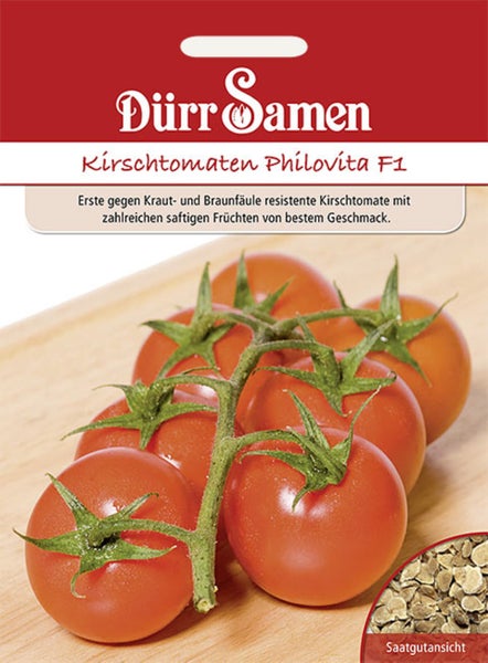 Dürr Samen Samentüte für Kirschtomaten Philovita F1, mit Abbildung reifer Früchte an der Rispe und Detailansicht des Saatguts.