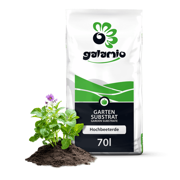 galamio Hochbeeterde für Garten und Hochbeete, 70 Liter Sack mit einer kleinen Pflanze in einem Erdhaufen davor.