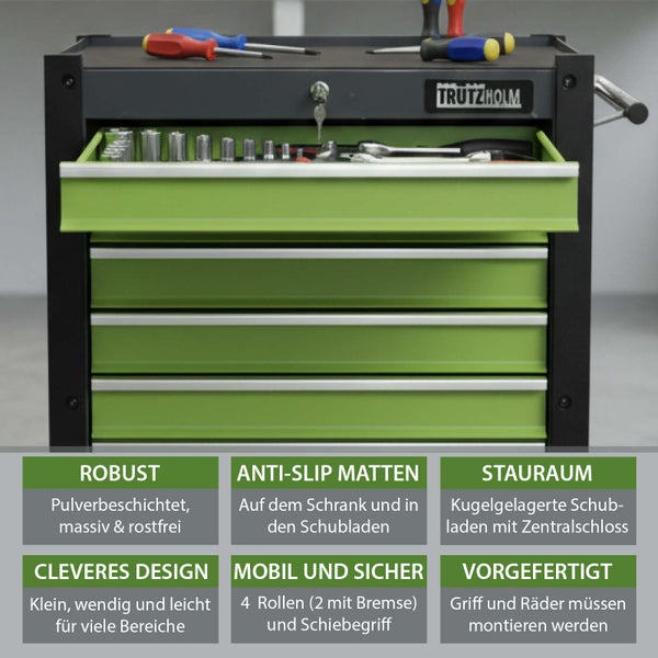 Trutzholm Logo auf Werkstattwagen mit kugelgelagerten Schubladen, Zentralschloss, Antirutschmatten, Rollen und Griff. Pulverbeschichtet.