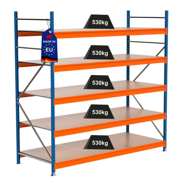 Regal mit fünf Ebenen und einer Traglast von 530 Kilogramm pro Ebene. Made in EU Kennzeichen.