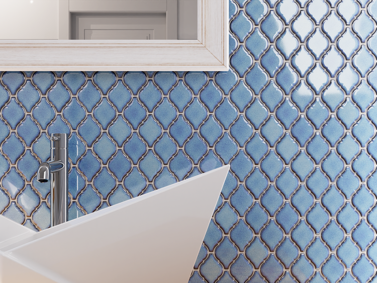 Keramikmosaik auf Netz für Bad oder Küche 28.2 cm x 25.2 cm - blue arabesque