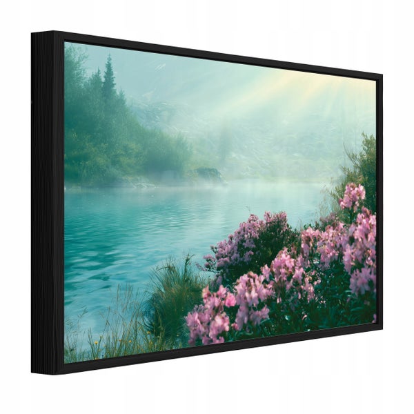 Wandbild mit Naturmotiv eines Bergsees mit rosa Blüten im Vordergrund und Wald im Hintergrund in schwarzem Rahmen