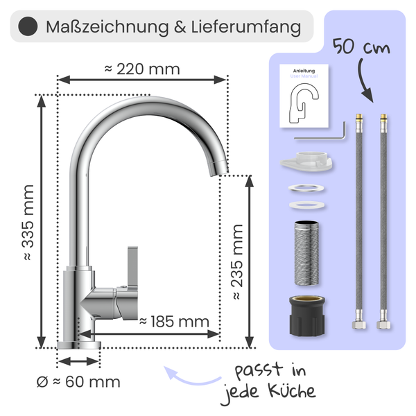 Maßzeichnung und Lieferumfang einer Küchenarmatur mit den Maßen 220 mm Breite, 335 mm Höhe, 235 mm Auslaufhöhe und 60 mm Durchmesser, inklusive Anleitung und 50 cm langen Anschlussschläuchen.